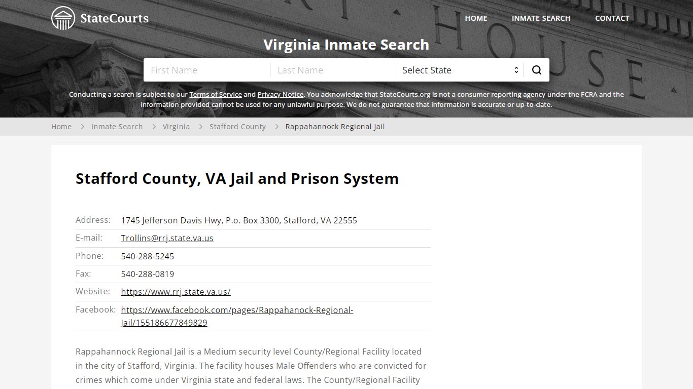 Rappahannock Regional Jail Inmate Records Search, Virginia - StateCourts